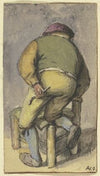 Bauer von hinten, mit dem rechten Bein auf einem Stuhl kniend