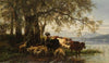 Bäuerin und Hirtenjunge mit Rinder- und Schafherde am Seeufer (1878)