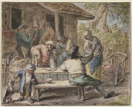 Bauern mit Kindern vor einem Haus