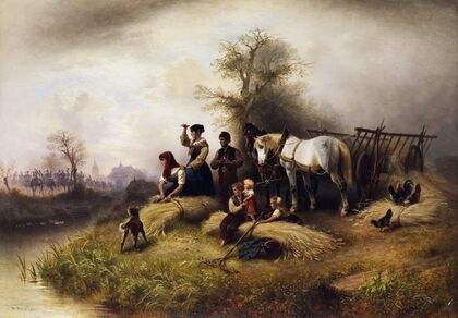 Bauernfamilie bei der Kornernte und Kavallerie