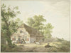 Bauernhaus am Weg, auf dem fünf Kühe und ein Reiter sind, vor dem Haus fünf Figuren und ein Hund