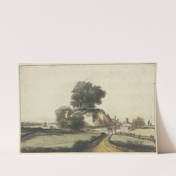 Bauernhaus unter Bäumen an einem Fluß by Philips Koninck