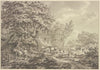 Bauernhof im Wald mit vielem Vieh, in der Ferne ein Heuwagen, rechts ein Pferd