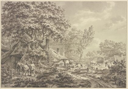 Bauernhof im Wald mit vielem Vieh, in der Ferne ein Heuwagen, rechts ein Pferd
