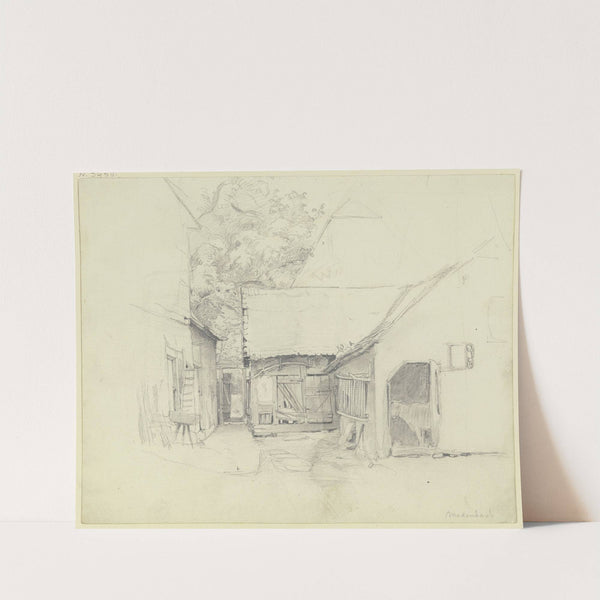 Bauernhof, rechts durch die offene Stalltür sieht man eine Kuh by Jakob Fürchtegott Dielmann