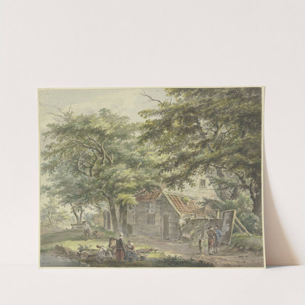 Bauernhof unter Bäumen, links ein Mann mit einem Schubkarren by Hermanus van Brussel
