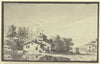 Bauernhof, von Bäumen umgeben, am Ufer eines Teiches (1744)