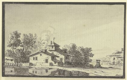 Bauernhof, von Bäumen umgeben, am Ufer eines Teiches (1744)