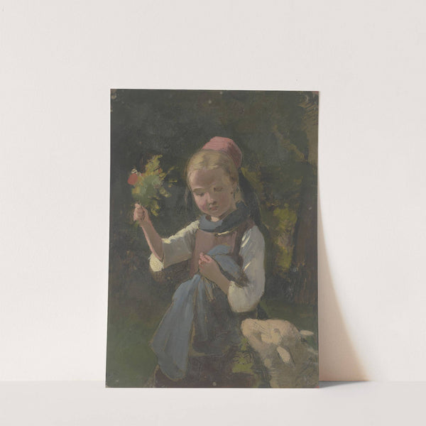 Bauernmädchen mit Blumenstrauß, von rechts ein ein Schaf by Jakob Becker
