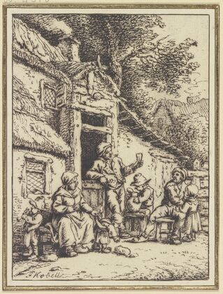 Bauernpaar mit fünf Angehörigen vor einem Haus
