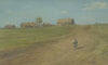 Bauersmann mit Stab einen Steppenhügel mit Häusern ersteigend