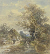 Baum und Bauernhaus am Bach mit einer Frau