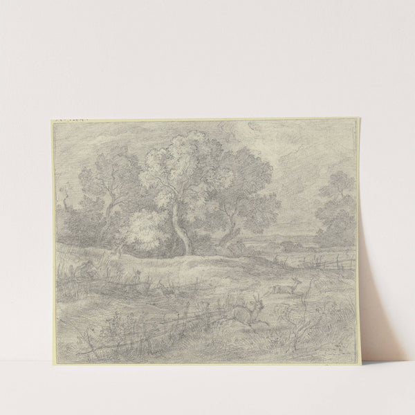 Baumbestandene Wiesenlandschaft, über die Jäger fliehende Rehe verfolgen by Johann Heinrich Ferdinand Olivier