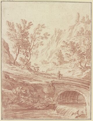 Baumbestandenes Tal, im Vordergrund ein Bach, über den eine Brücke führt