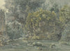 Baumlandschaft mit verfallenem Gemäuer an einem Bach