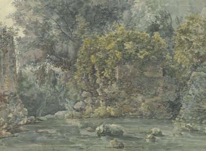 Baumlandschaft mit verfallenem Gemäuer an einem Bach