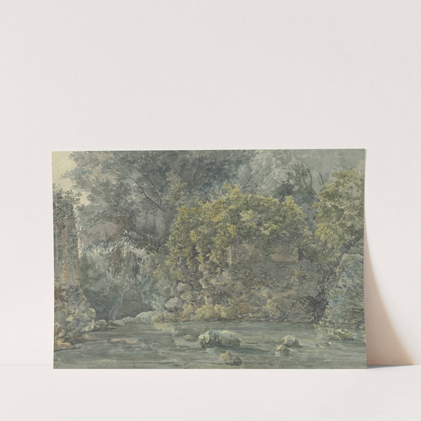 Baumlandschaft mit verfallenem Gemäuer an einem Bach by Jakob Philipp Hackert