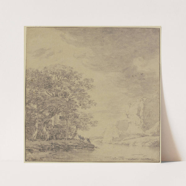 Baumpartie am Wasser, rechts eine Felsböschung by Herman Naiwinx
