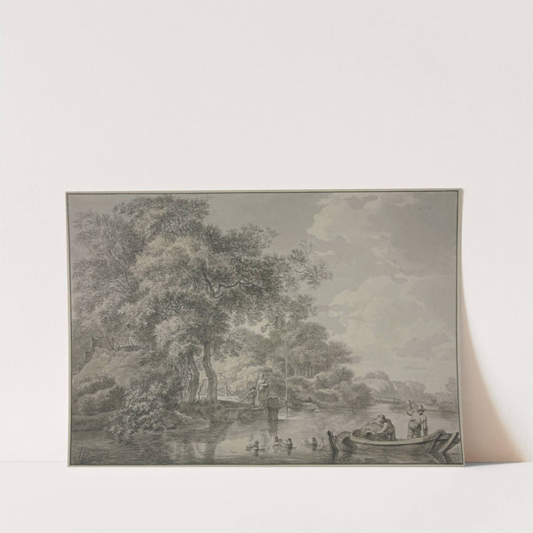 Baumpartie mit Fischerhütten an einem Fluss, rechts im Vordergrund ein Kahn mit zwei Männern, die Reußen legen, dabei vier schwimmende Enten by Geerlig Grijpmoed
