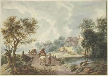 Baumreiche Landschaft, im Vordergrund ein Weg, der über eine Brücke führt