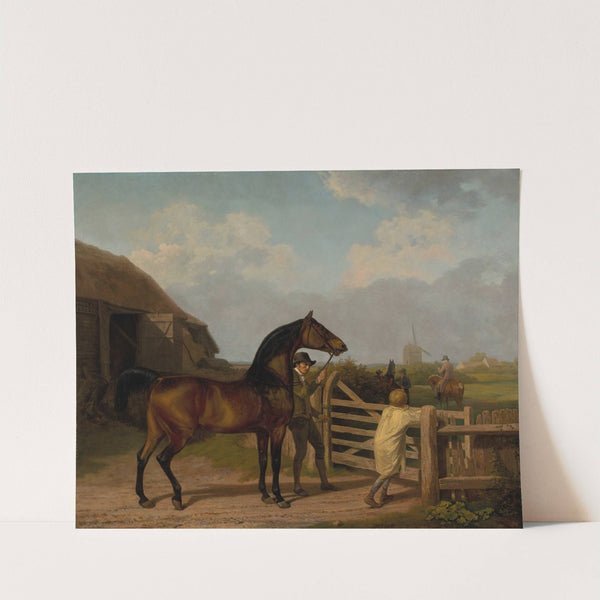 Bay Ascham, a stallion, led through a gate to a mare by Jacques-Laurent Agasse