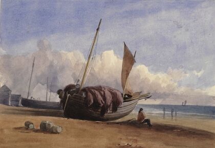 Beached fishing boat with seated fisherman — size preview