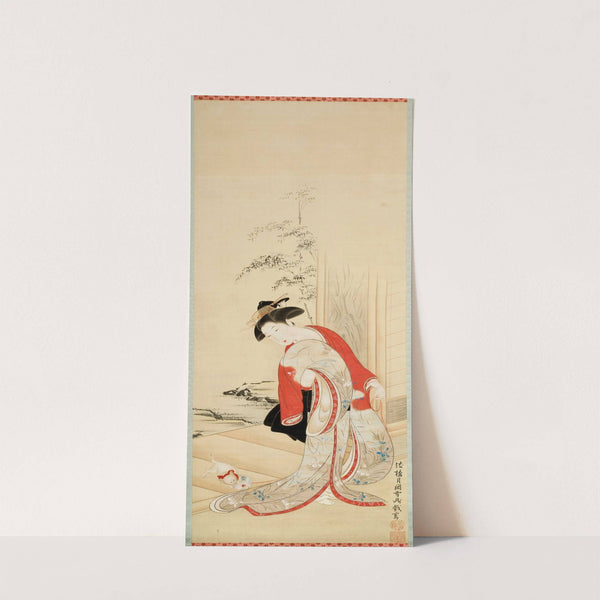 Beautiful woman playing with cat by Tsukioka Masanobu Settei