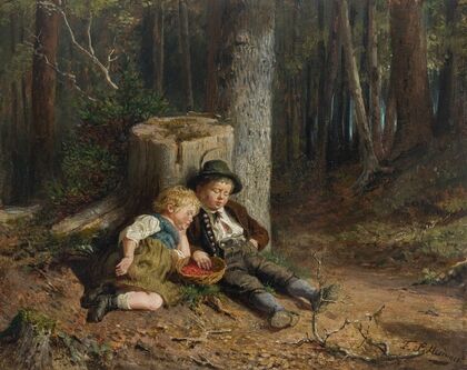 Beerenpflückende Kinder im Wald, eingeschlafen