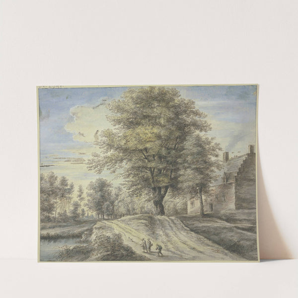 Bei einem Haus ein großer Baum, vorne drei Figuren und ein Hund (ca 1669) by Lucas van Uden