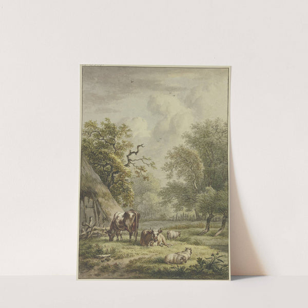 Bei einer Hütte weiden zwei Kühe und drei Schafe by Jan Hulswit
