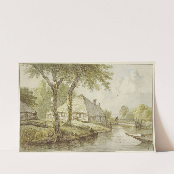 Bei zwei Bäumen ein Haus am Wasser, ein Steg, rechts die Spitze eines Kahnes by Jan Hulswit