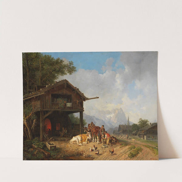 Beim Hufschmied im Gebirge by Heinrich Bürkel