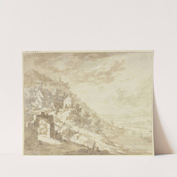 Berghang an einem Fluss mit den Häusern eines Dorfes, im Vordergrund ein Steintor by Franz Schütz