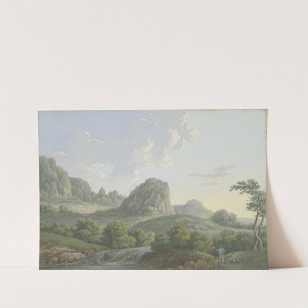 Bergige Landschaft mit einem hohen Felsen, im Mittelgrund zwei Männer bei einem Waldbach rastend by Karl Franz Kraul