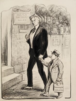 Bernard Baruch leads a small man representing the theatrical industry by the hand to a building labeled ‘drama factory no. 25.’ (1922)