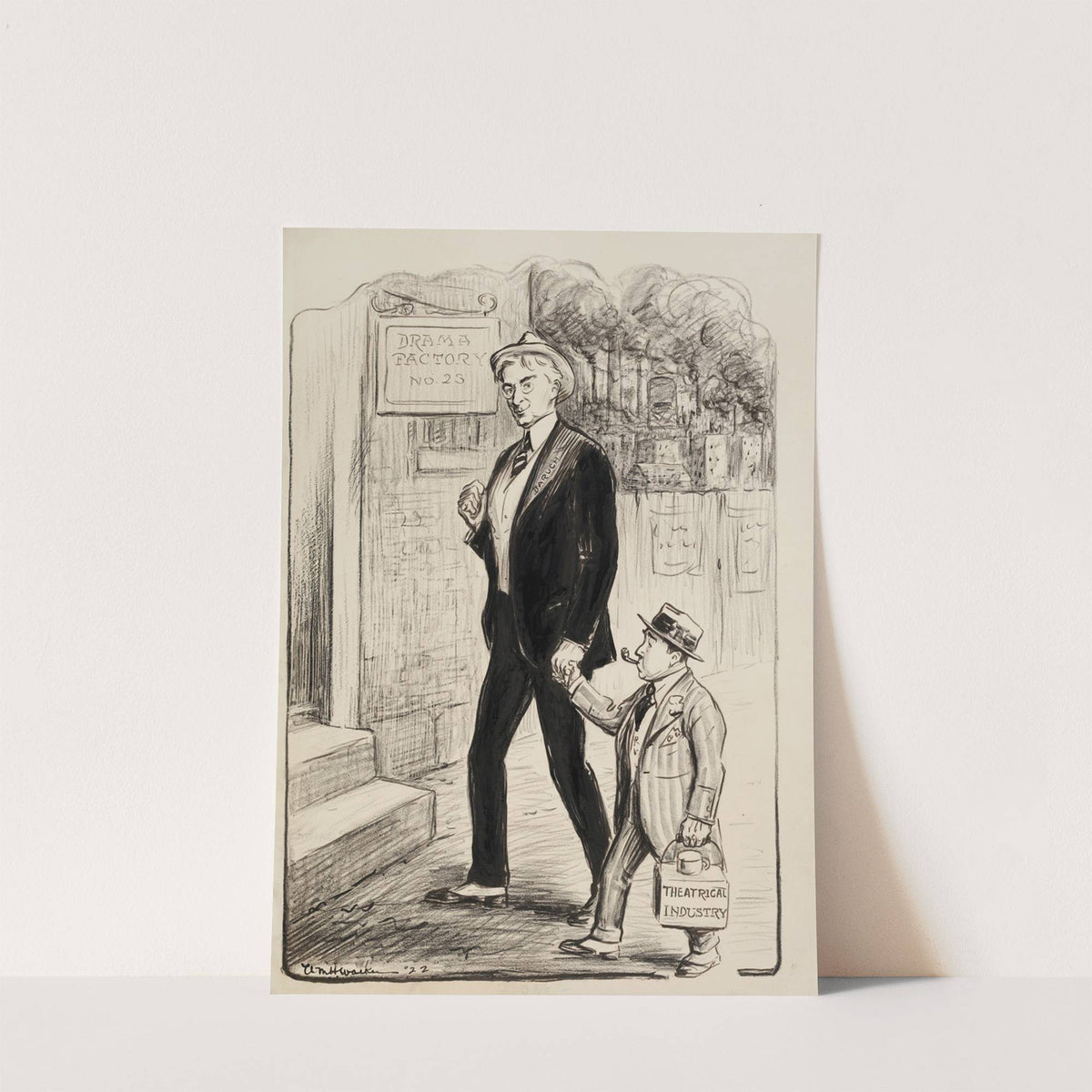 Bernard Baruch leads a small man representing the theatrical industry by the hand to a building labeled ‘drama factory no. 25.’ (1922) by William Henry Walker