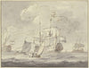 Bewegte See, drei große Schiffe und zwei Boote nach rechts segelnd