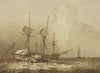 Bewegte See, ein zweimastiges Schiff segelt nach rechts an einem Dreimaster vorbei, der die Segel eingerefft hat