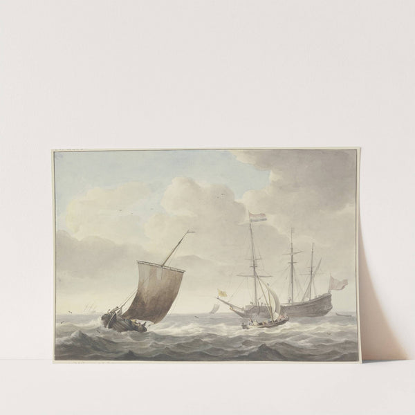 Bewegte See mit Schiffen, gelbe Flagge mit goldenem Löwen by Martinus Schouman