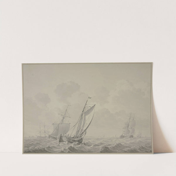 Bewegte See mit vielen Schiffen, vorne eine Barke mit vier Mann nach rechts segelnd by Cornelis de Grient