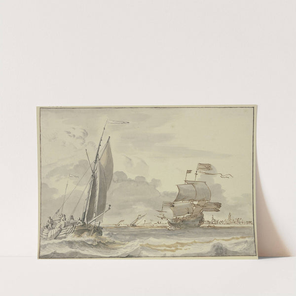 Bewegte See, nach rechts segelndes Schiff, links eine Barke mit vier Mann, im Hintergrund eine Stadt by Ludolf Backhuysen