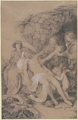 Beweinung Christi mit Maria, Johannes, Maria Magdalena und einem Engel