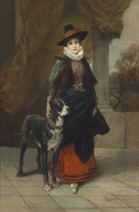 Bildnis einer Dame im historisierenden Kostüm mit Dogge