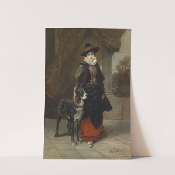 Bildnis einer Dame im historisierenden Kostüm mit Dogge by Friedrich August von Kaulbach