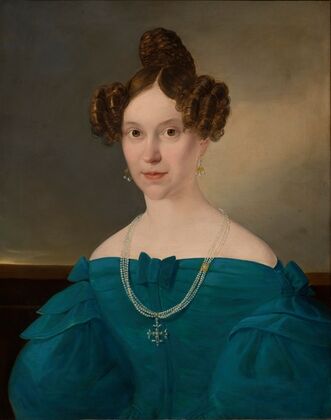 Bildnis einer jungen Frau in blauem Kleid
