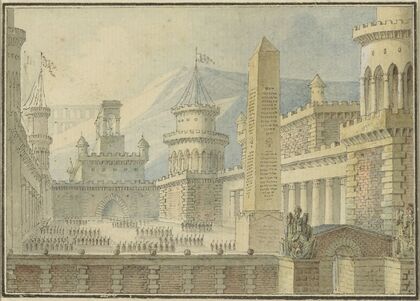 Binnenplaats van een versterkt kasteel met obelisk, troepen in het gelid — size preview