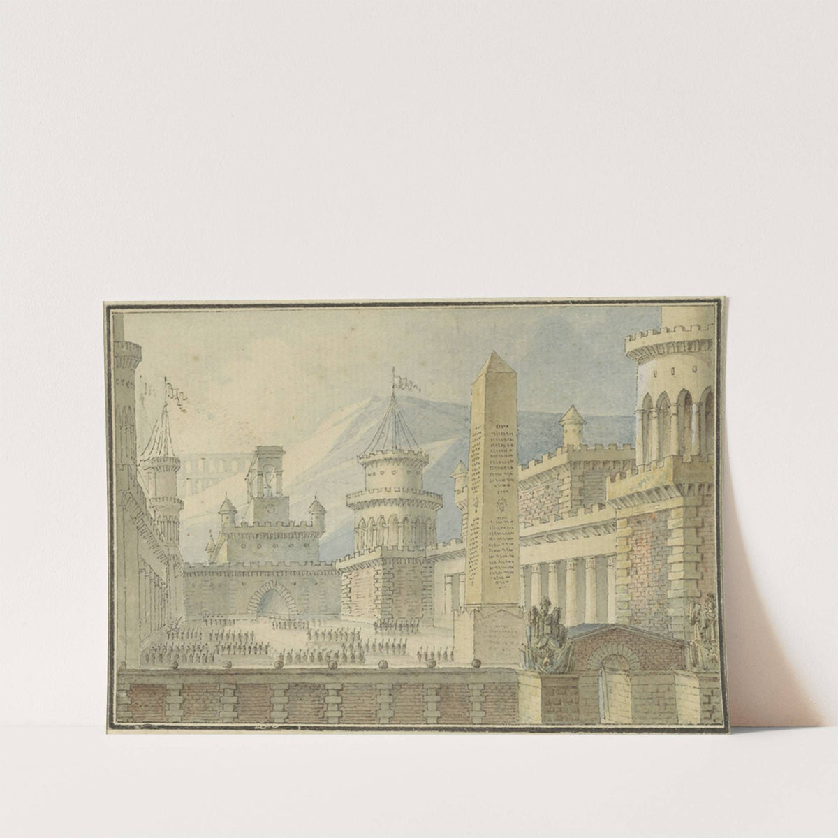 Binnenplaats van een versterkt kasteel met obelisk, troepen in het gelid by Alphonse Jean Baptiste Vien