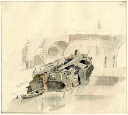 Binnenvaartschip aan de kade bij een brug, Utrecht