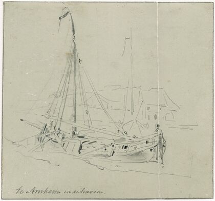Binnenvaartschip aan oever te Arnhem