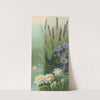 Bird flying over water with cat tail plants, Irises and water lilies by Le Roy